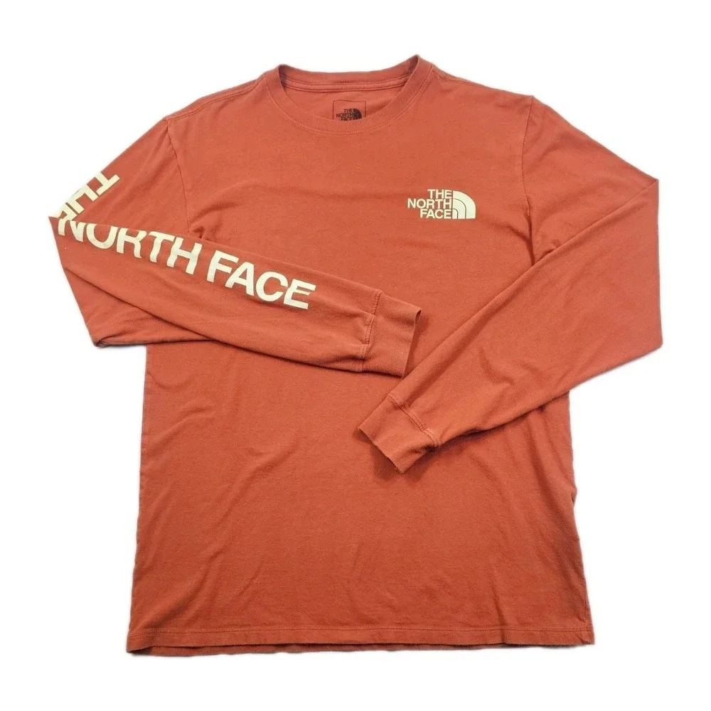 THE NORTH FACE Spell‎ Out Sleeve Mens S Orange Long Sleeve T-Shirt Graphic Tee